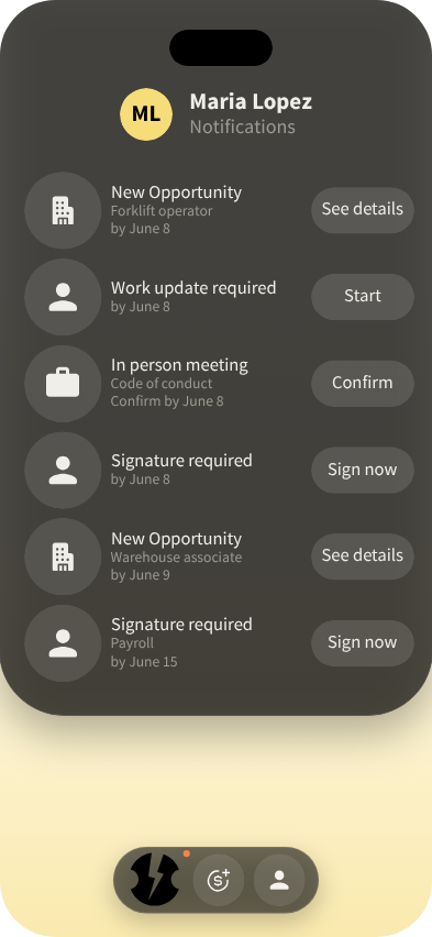 Cadence candidate app on a phone, showing shift confirmations.